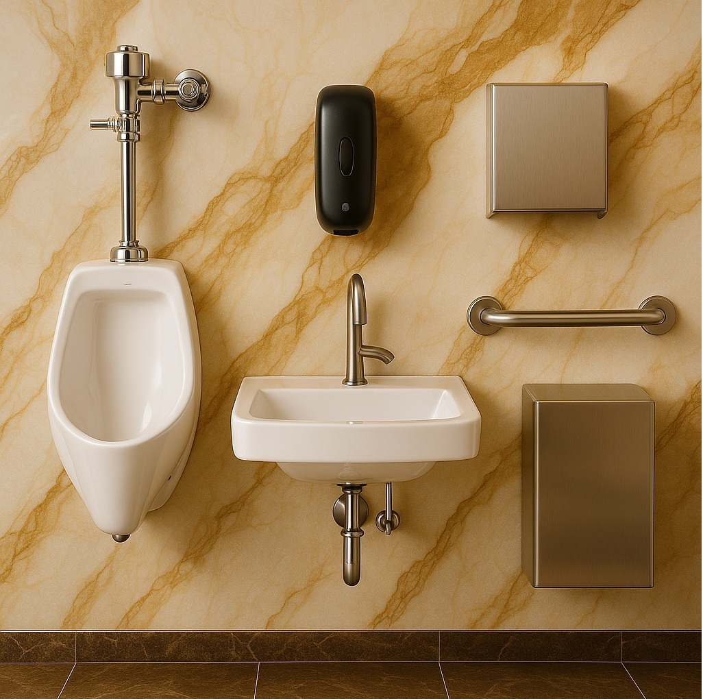Commercial restroom setup with sensor flush urinal, automatic soap dispenser and restroom accessories